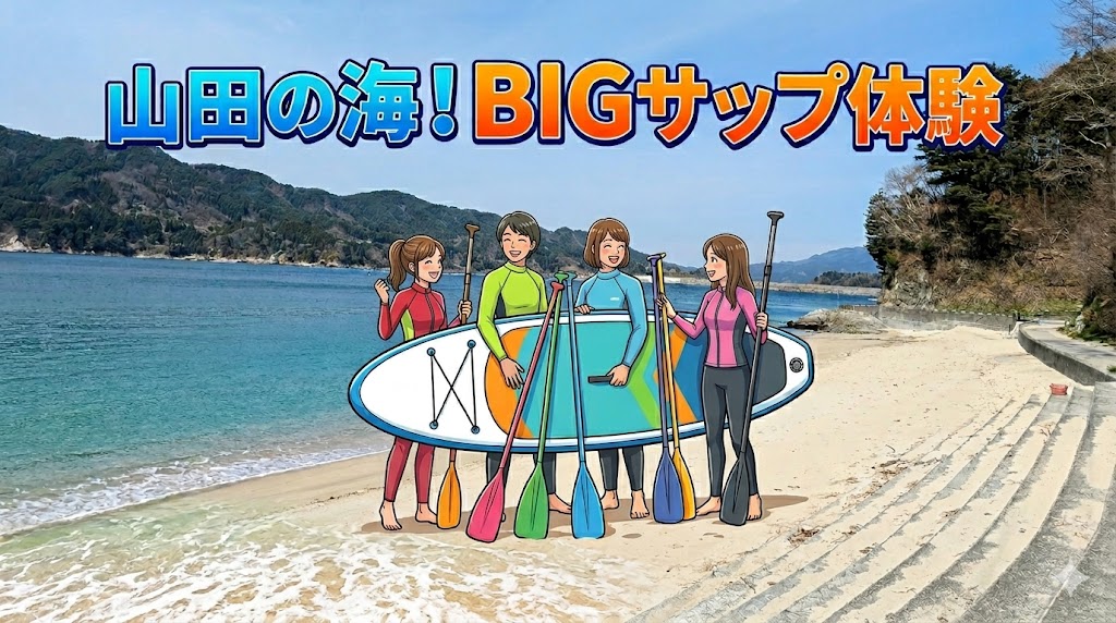 【1枚のボードに全員集合！】圧倒的一体感を楽しむ山田湾＆荒神海岸BIGサップ体験